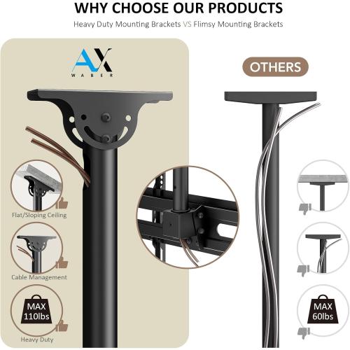 AX WABER Ceiling TV Mount Adjustable Bracket for 26-65 inch LCD LED OLED 4K TVs, Pole Ceiling Mount Holds up to 110lbs,Hanging tv Mount Max VESA 400x400mm (AX11TB01), Black