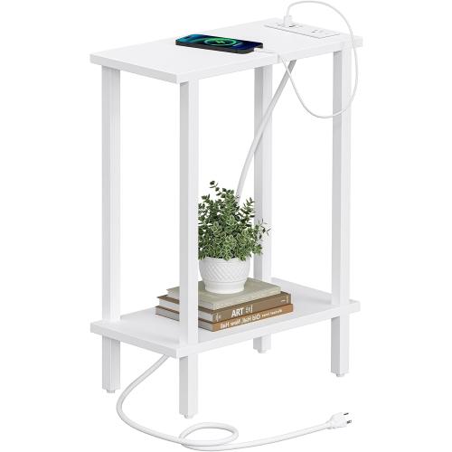 TUTOTAK Narrow Side Table, 2-Tier Small End Table with Charging Station