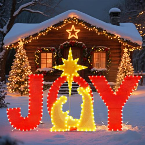 Prsildan 3.3FT x 2FT Christmas Decorations Outdoor- Lighted Joy Yard Sign, Outdoor Nativity Scene Set with 250 LEDs, Outside Christmas Decor for Porch, Lawn