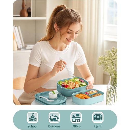 Bento Lunch Box, 65 oz 3-Tier Stackable Lunch Container, Adjustable 2/3 Tier Design, BPA-Free Food-Grade Plastic, Leakproof, Microwave & Dishwasher Safe, Green