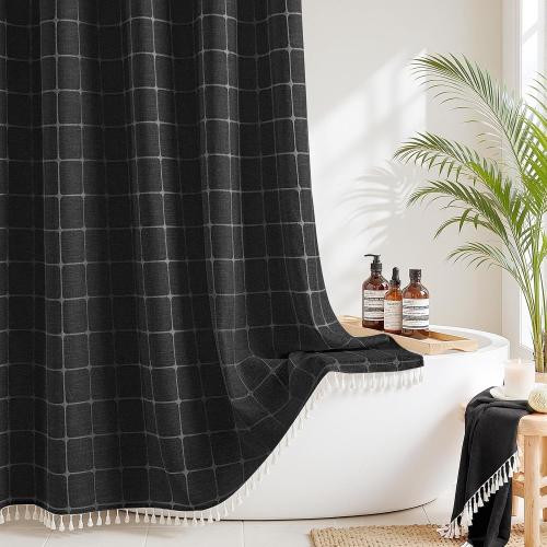 RiverDream Farmhouse No Hooks Shower Curtain with Snap-in Liner,Black,71x74