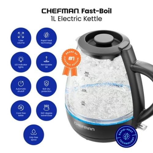 Chefman 1L Electric Glass Kettle w/ LED Indicator Light, Automatic Shutoff - Black, New ‼️has stains and possible broken or missing pieces ‼️