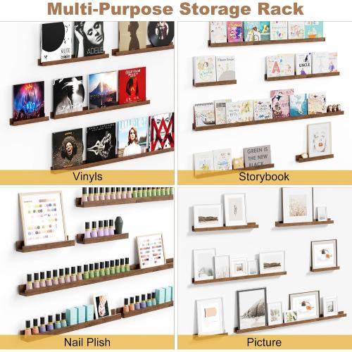 Vinyl Record Shelf Wall Mount, 6PC Album Record Holder Display, Wood Floating Shelves, Wood Ledges for Wall, 0ffice Wall Shelves, Album Shelves, Magazine Rack Walnut - 1x48In, 1x36In, 2x24In & 2x12In