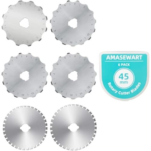 AMASEWART 45mm Crochet Edge Rotary Cutter Blades, Pack of 6