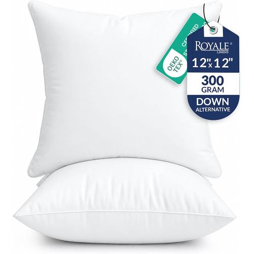 ROYALE LINENS 12 x 12 Pillow Insert - Down Alternative Throw Pillows Insert - Square Pillow Pack of 2 White - Bed & Couch Pillows - Inner Cushion for Bed, Cushion for Living Room - Shams Stuffer