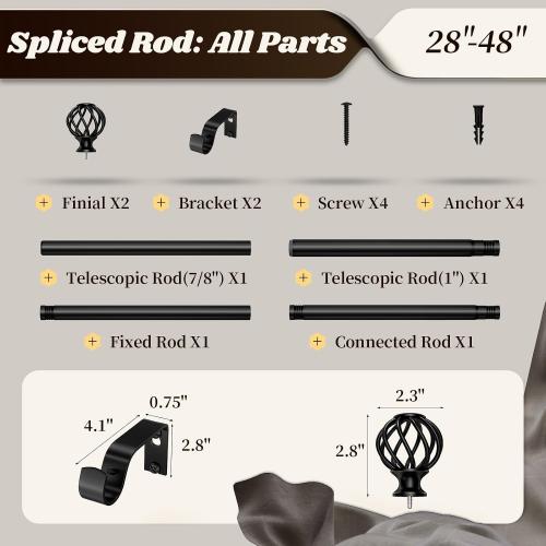 Curtain Rods for Windows 28-48 Inch(2.3-4Ft), Matte Black Small Decorative Curtain Rod Adjustable, Heavy Duty 1 Inch Drapery Rod for Living Room Bedroom Kitchen Small Windows