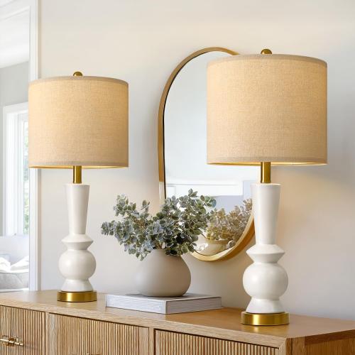PORTRES 27 Modern Ceramic Table Lamp Set of 2 for Living Room White & Gold Bedside Lamps for Bedroom Nightstand Lamp Tall End Table Lamps