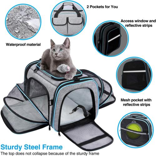 Size 19.5L x 12W x 12H Airline Approved Pet Carrier, Large Soft Sided Pet Travel TSA Carrier 4 Sides Expandable Cat Collapsible Carriers with Removable Fleece Pad and Pockets for Cats Dogs and Small Animals