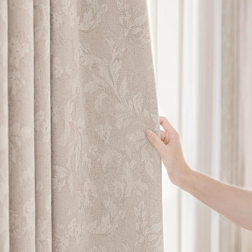 Floral Jacquard Beige Blackout Curtains for Bedroom 84 Inch Long 2 Panels