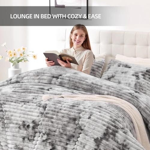 Fluffy King Size Comforter 3 PCS - Tie Dye Grey Fleece Bedding Set