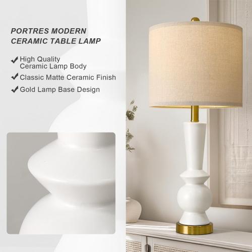 PORTRES 27 Modern Ceramic Table Lamp Set of 2 for Living Room White & Gold Bedside Lamps for Bedroom Nightstand Lamp Tall End Table Lamps