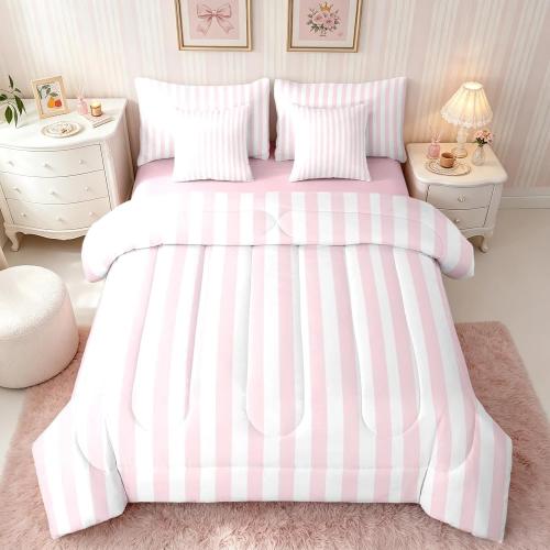 Feelyou White Pink Striped Comforter Set with Sheets 7 Piece Full Size Striped Bed in a Bag Kids Boys Girls Bedding Set Basic Simple Bedroom Decor Breathable Soft Lightweight Microfiber