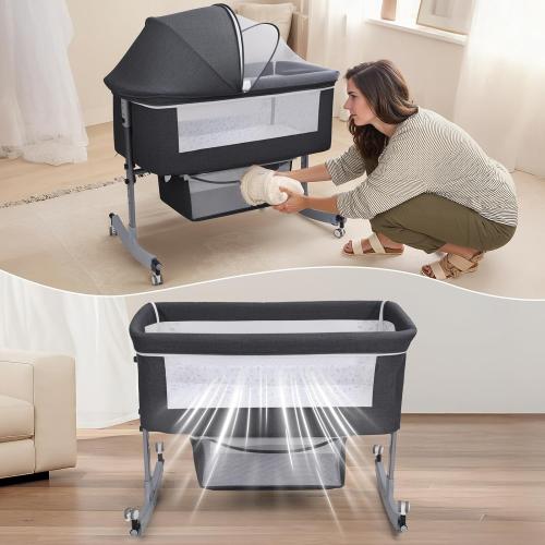 Bedside Bassinet Baby Crib, 3-in-1 Bedside Crib with Storage Basket