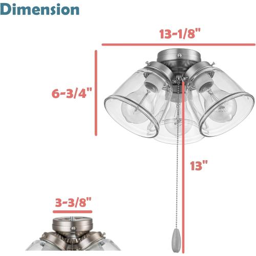Aspen Creative 22011-1, Three-Light Ceiling Fan Light Kit with Pull Chain, Brushed Nickel Finish with Clear Glass Shades, 13-1/8 Diameter x 6-3/4 Height