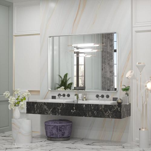 Silver Mirrors for Bathroom, Brushed Silver Framed Rectangular Modern Farmhouse Large Vanity Mirror for Wall Decor (Horizontal/Vertical)