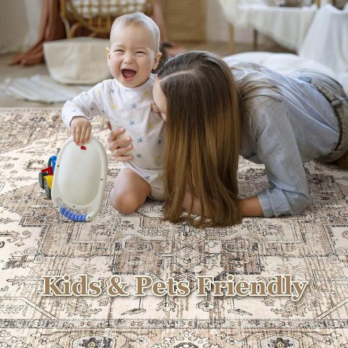 Area Rug 7x9 Washable Vintage - Soft Traditional Rugs for Living Room Large Non Slip Backing with Low Pile Farmhouse Oriental Retro Carpet for Bedroom Dining Room or Home Office - Tea Brown