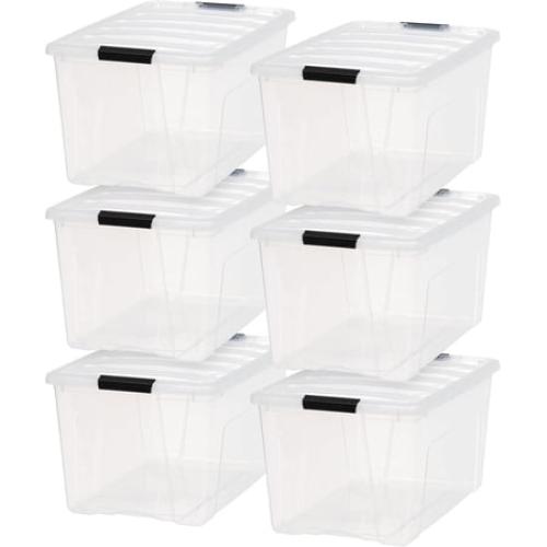 IRIS USA 72 Qt Stackable Plastic Storage Bins with Lids  6 Pack  Latches  Durable Nestable Containers  Secure Pull Handle - Clear