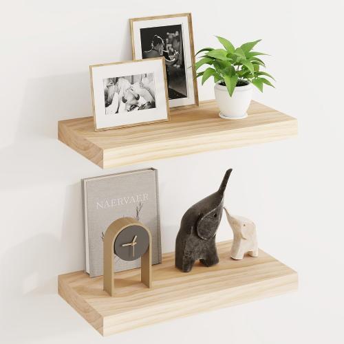 Fun Memories Wood Floating Shelves Set of 2, Rustic Pine Wood Floating Shelves for Wall Mounting, Wide Wall Shelf for Home Decor and Storage, 16 W x 7 D, Natural Unfinished, DIY Stain