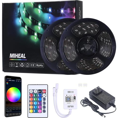 MIHEAL WiFi Wireless Smart Phone Controlled Led Strip Light Kit with DC24V UL Listed Power Supply Waterproof SMD 5050 32.8Ft 10M 300leds RGB Music LED Light Strip Compatible with Android, iOS Alexa