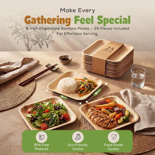 Perfectware Disposable 8 Inch Bamboo Disposable Square Plates (25 Pieces) Bamboo Serving Plates Eco Earth Friendly Dinnerware. Great for Holidays, Weddings, Parties and Catering. 25 Count.