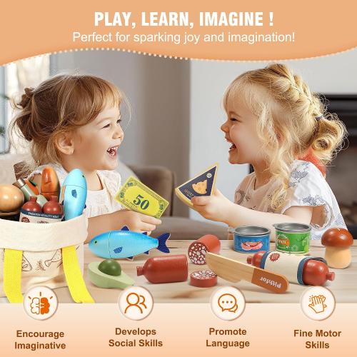 Pithfor Wooden Play Food Set for Kids Toddlers, Grocery Store Pretend Play Food, Pretend Grocery Shopping & Play Kitchen Accessories for Boys Girls