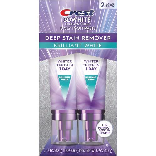 Crest 3D White Deep Stain Remover Brilliant White Toothpaste, 3.1 oz (Pack of 2), Whiter Teeth in 1 Day, Enamel Safe Fluoride Toothpaste for Fast Stain Removal and Prevention