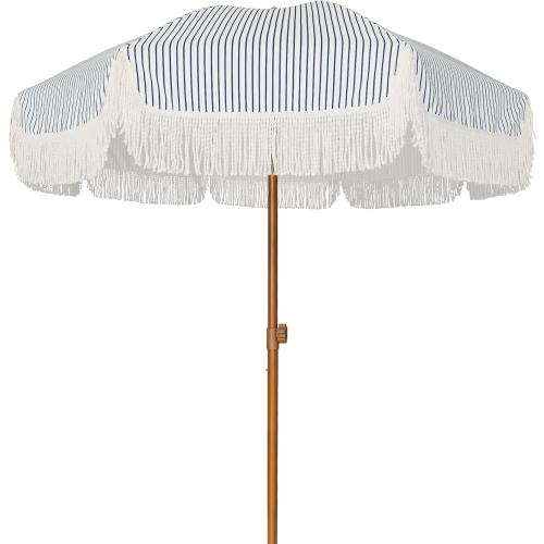 AMMSUN 7ft Patio Umbrella with Fringe Outdoor Tassel Umbrella UPF50  Premium Steel Pole and Ribs Push Button Tilt, Navy Blue Stripes