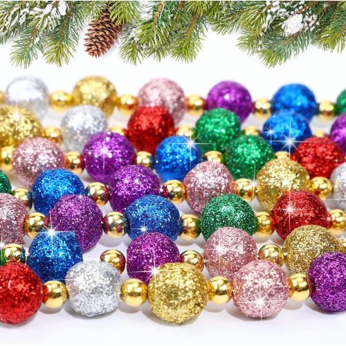 17 ft Christmas Tree Beads Garland - Glitter Ball Colorful Red Green Gold Beads for Xmas Decor - Holiday Hanging Decorations for Home Mantel