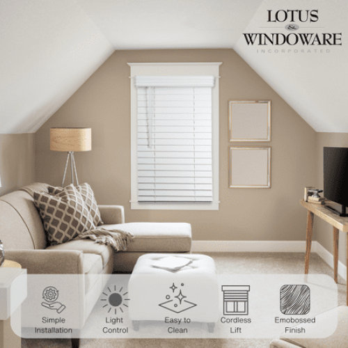 Lotus & Windoware Cordless 2 Faux Wood Room Darkening Horizontal Blind, 48 W x 48 L, Bright White, Embossed