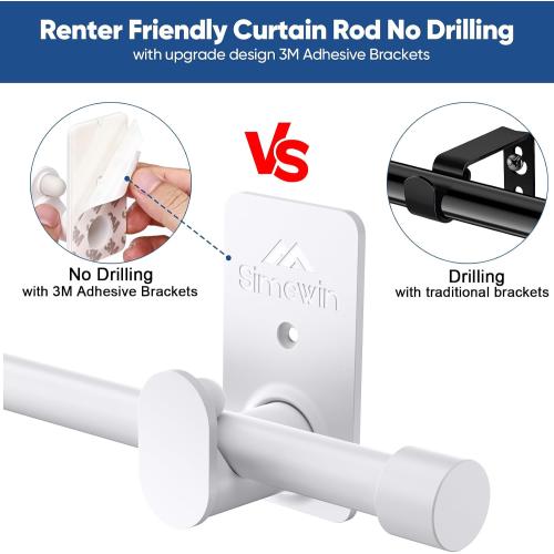 SIMEWIN Curtain Rods No Drilling for Windows 30 to 45 Inches, 5/8 Inch Diameter No Drill Small Curtain Rod Set with 3M Adhesive Brackets, White