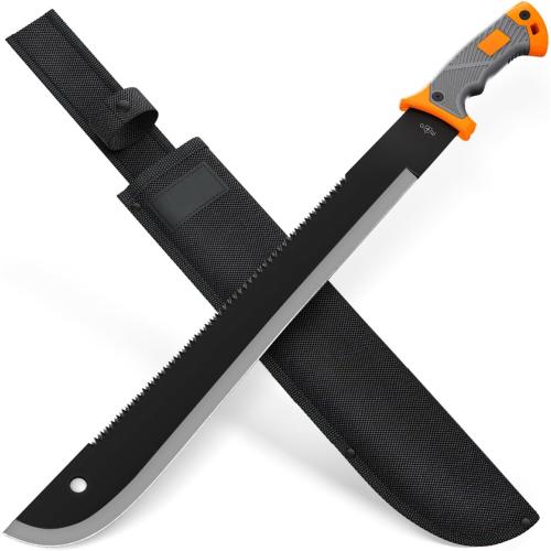 Machete with Saw 25 / 19 Heavy Duty Tool & Sheath - Ergonomic No-Slip Handle - Survival Knife with Serrated Blade - Machetes for Bushcraft Hunting Garden Cutting Trees and Yard Work