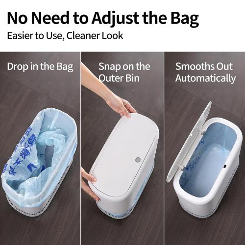 Small Bathroom Trash Can with Lid, 2.3 Gallon Slim Trash Can, Narrow Garbage Can with Hidden Liner & Auto-Smooth Bag Fit, Press-to-Open Lid, White, for Bathroom, Bedroom, Office, Kitchen