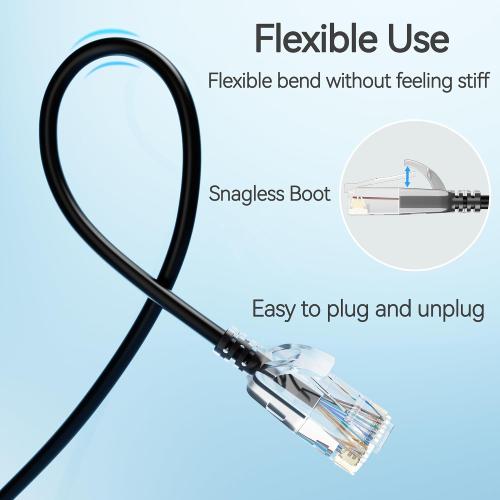 Cat6 Slim Patch Cables 1 Feet 24-Pack Black, Cat6a Patch Cables 10Gbps 550MH