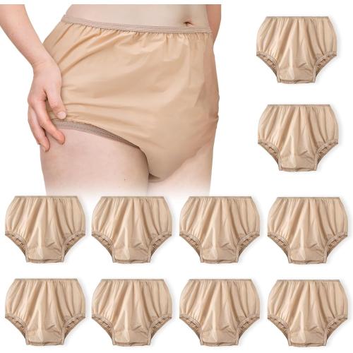 10 Pcs Adult Plastic Diaper Cover Pull-On Cover Plastic Pants Reusable Incontinence Waterproof Pants(Small,Beige)