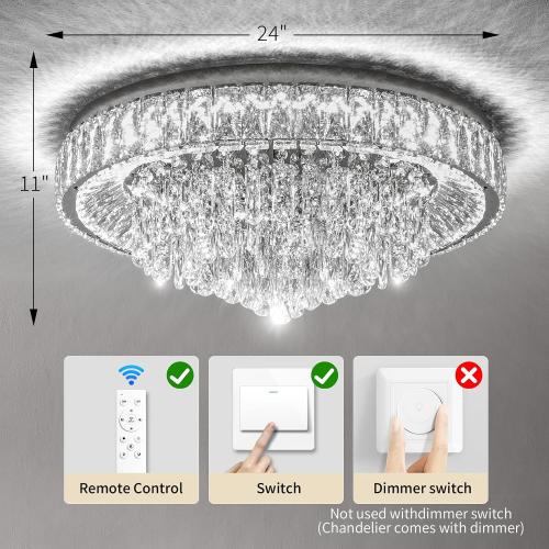 Modern Dimmable Led Crystal Chandelier: Flush Mount Crystals Ceiling Light with Remote - 24 Silver Ceiling Lighting Fixtures Round Crystal Chandeliers for Dining Room Bedroom Living Room Entryway