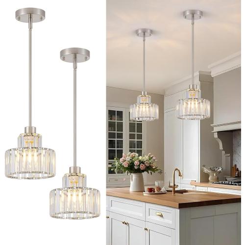 Dijiahua Brushed Nickel Pendant Lights Kitchen Island 2 Pack,Modern Crystal Pendant Light Fixtures Over Table, Mini Silver Dining Room 1-Light Chandelier,Adjustable Cord Hanging Lamp for Bedroom