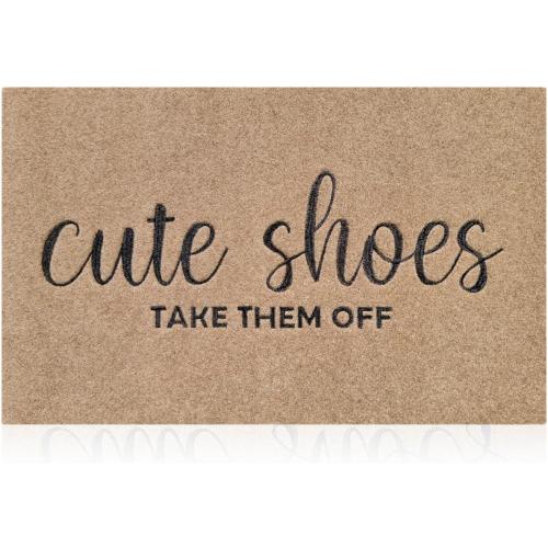 Welcome Mat for Front Door Outdoor Entryway Cute Shoes Take Them Off Indoor Mats with Rubber Backing Doormat Non Slip Easy to Clean Natural Outside Brown