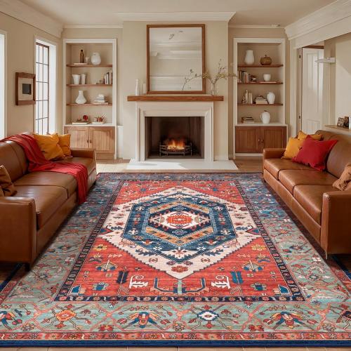 SERISSA Washable Rugs 9x12 Area Rugs, Large Non-Slip Boho Living Room Rust Rug, Ultra Soft Vintage Print Distressed Oriental Tribal Farmhouse Carpet for Dining Room Bedroom Dorm Office Home Decor