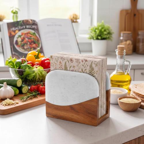 Havawish Acacia Wood Marble Napkin Holder, Trapezoid, White on Top