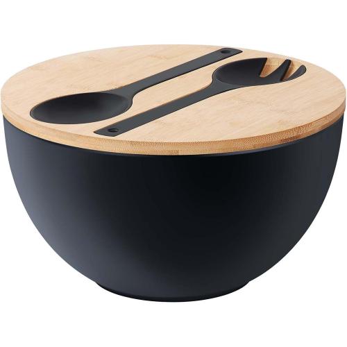 12.6 Extra Large Salad Serving Bowl Set with Wooden Lid&Utensils, 8.4Qt., Bamboo Fiber Salad Bowl with Servers for Kitchen, Big Bowl for Mixing Salad,Fruit,Pasta (Matte Black)