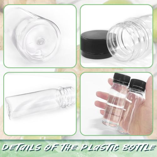 Xuyyicao 30 Pcs 2 Oz Small Plastic Bottles for Liquids,Ginger Shot Bottle with Lids,Reusable Bulk Beverage Containers for Juice,Liquor,Potion,Wellness,DIY,Wedding,Party,Travel(Black Cap)