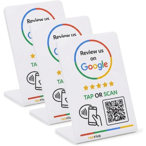 Google Review Stand by TapFive – Tap to Review NFC Tap & QR Code Sign for Restaurants, Salons, Retail & Front Desks | QR Code Stand | No Monthly Fees (White, 3 Stands)