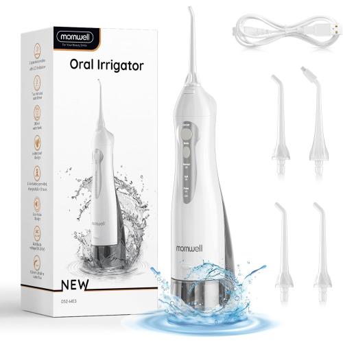 Mornwell Water Flosser Cordless, Water Flossers for Teeth - 300ML Tank and 4 Jet Tips, 3 Modes Portable Dental Oral Irrigator, Braces Care, Rechargeable Waterproof Portable Water Flosser (White)
