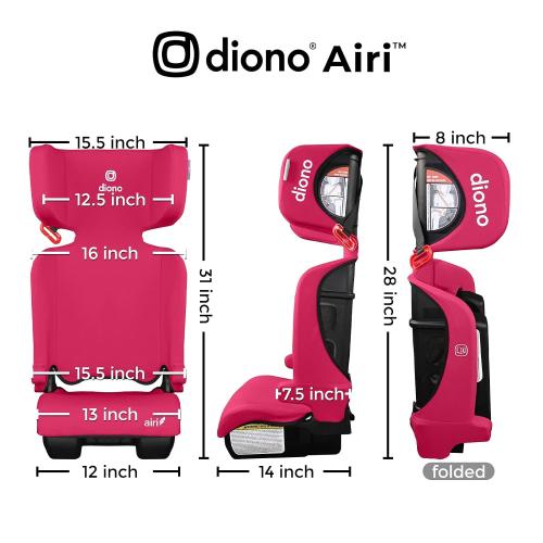 Diono Airi Travel High Back Booster Seat, Foldable Slim 3‑Across Fit, Pink
