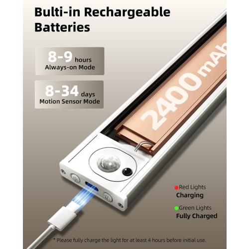 12inch Under Cabinet Lighting with Remote, 2400mAh Rechargeable Motion Sensor Light Indoor, Wireless Closet Lights, Dimmable, 3 Color Temps, Magnetic for Kitchen, Stairs (4 Pack)