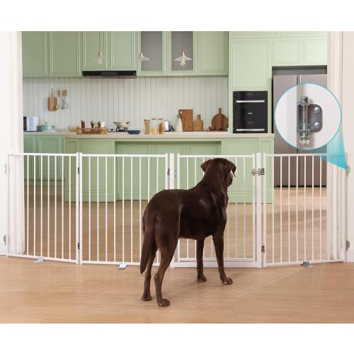 No Pawblems Free Standing Dog Gate with Door, 30'' Tall Foldable Dog Fence for Indoor & Outdoor, Up to 104 Inch Extra Wide Puppy Gate for Stairs, Hallways, Doorways, Deck, Yard (White, 4 Panels)