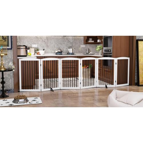 Freestanding Pet Gate for Dogs, Indoor Wooden Foldable Dog Gate for House, Extra Wide, Pet Fence for Stairs, Doorways, Halls, Support Feet Included, 120 Inch Wide, 6 Panels 32,White