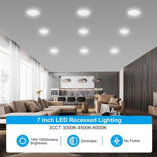 Elaruslux 6 Pack 7 Inch 3CCT Ultra-Thin LED Recessed Light with Junction Box, 3000K/4500K/6000K Selectable, 18W Eqv 125W, Dimmable Ceiling Lights 1600LM Brightness Canless Wafer Downlight