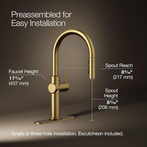 KOHLER 22972-2MB Crue Pull Down Kitchen Faucet, Pull-Down Sprayer, Vibrant Brushed Moderne Brass