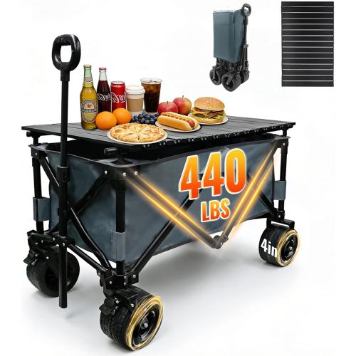 Collapsible Foldable Wagon Cart with Big Wheels and Tabletop, Large Capacity 440Lbs Folding Utility Wagon Carts for Sand, Beach, Camping, Shopping, Sport (Gray)